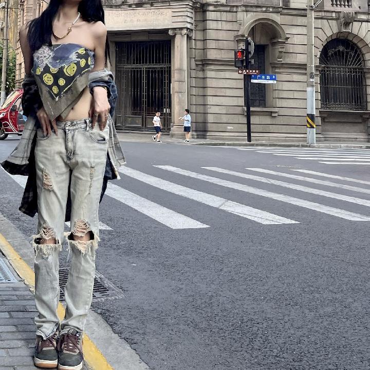 Quần jeans rách dáng ôm 9AG1 kéo khóa zip phong cách đường phố hiphop Âu Mỹ