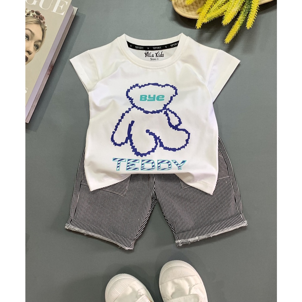 Set bộ quần áo bé trai Áo thun cotton 100% co giản 4 chiều in hình gấu Quần kaki thun họa tiết sọc co giản cho bé từ đkg