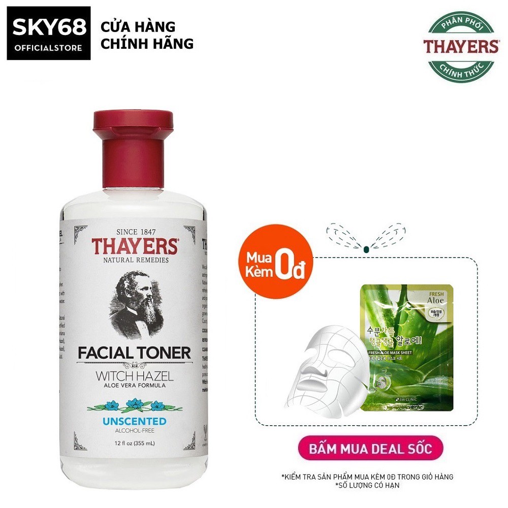 Nước Hoa Hồng Làm Sạch, Se Khít Lỗ Chân Lông Không Cồn Thayers Alcohol Free Witch Hazel Toner Unscented 355ml -Không mùi