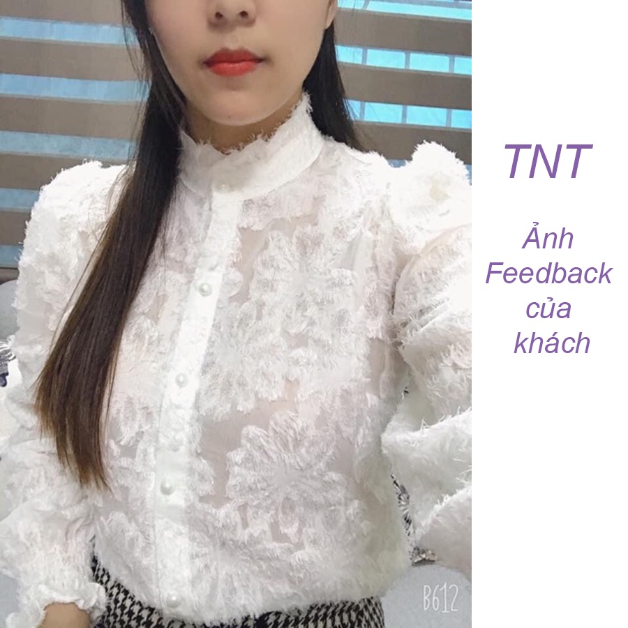 Áo sơ mi nữ ren dài tay đẹp dáng suông màu trắng be đi làm đi chơi TNT