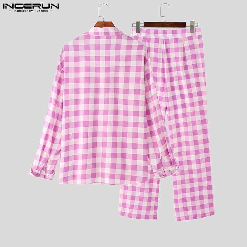 Bộ đồ ngủ 2 món INCERUN gồm áo sơ mi tay dài và quần dài họa tiết caro cá tính cho nam