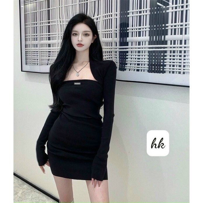 Váy body dáng dài cổ vuông đầm ôm body dài tay sang chảnh màu đen rêu JUMIO