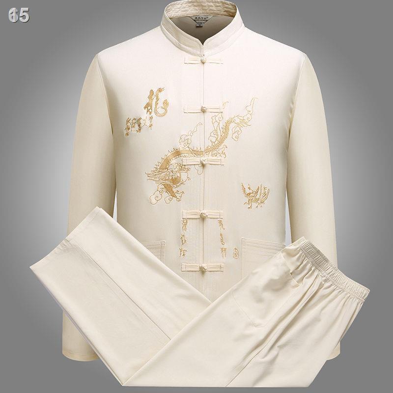 ❖15> trung niên và cao tuổi Bộ đồ nam dài tay phong cách Quốc thêu Hanfu hai mảnh Bố tập thể dục buổi sáng ông nội T