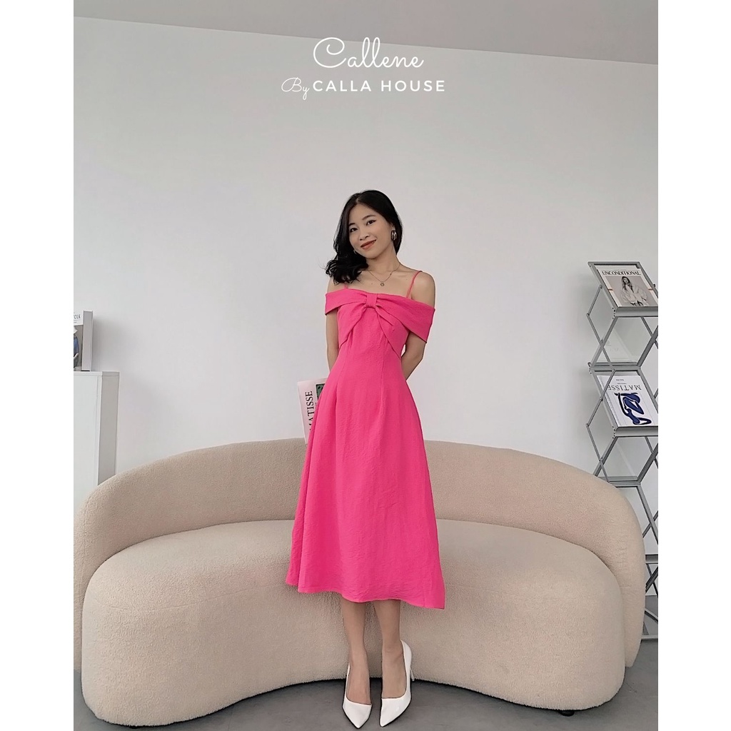 Đầm bẹt vai 2 dây xốp hồng cánh sen Callene