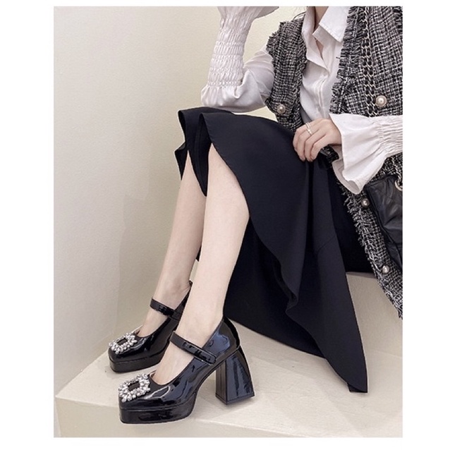 Sẵn hàng _ Giày cao gót nữ quai dán đế trụ đính đá siêu xinh