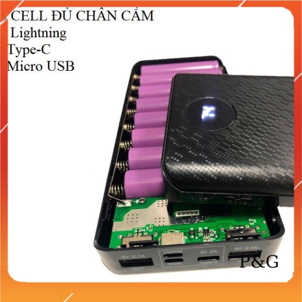 Box sạc dự phòng 8 cell 3 đầu vào Lightning\Type C\Microusb, mạch sạc pin 18650, pin dự phòng
