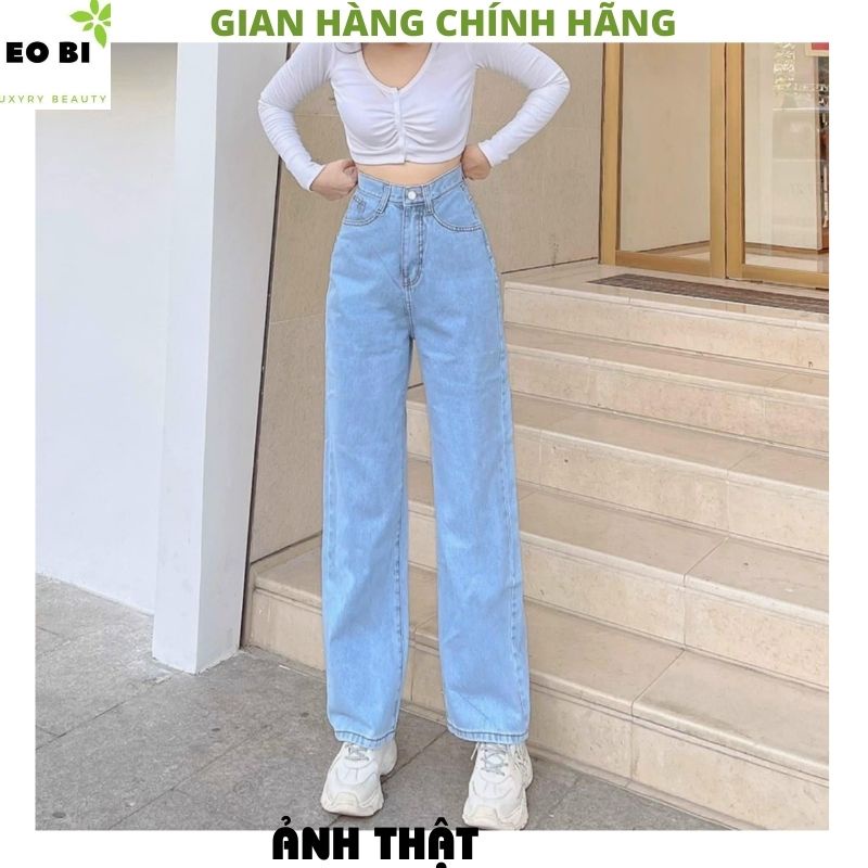 Quần jeasn nữ ống rộng lưng cao kiểu dáng hàn quốc trơn -EOBI