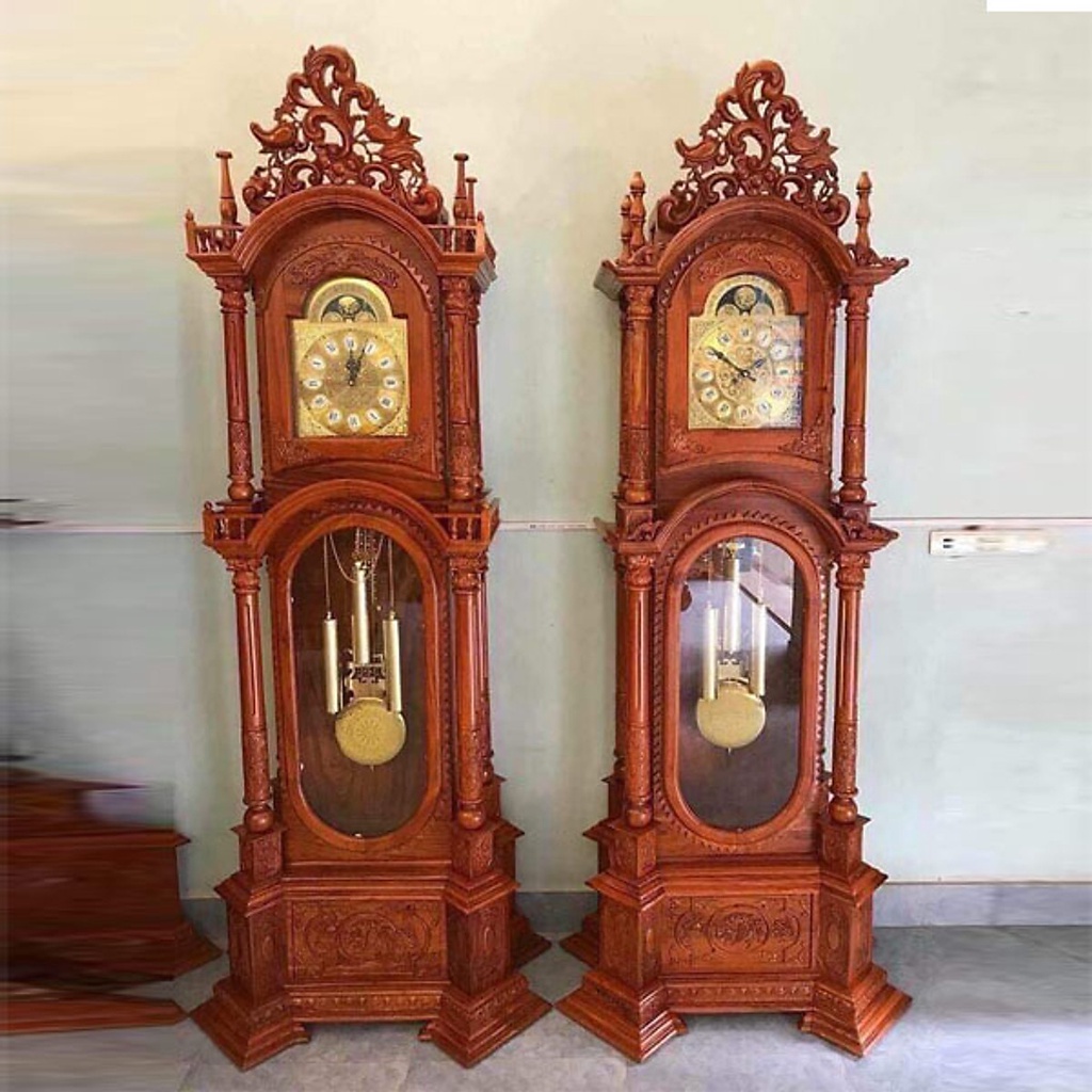 Đồng hồ đứng gỗ hương đá hình tháp , đồng hồ gỗ quả lắc