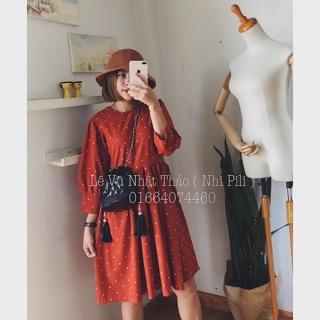 Đầm babydoll chấm bi cam đất