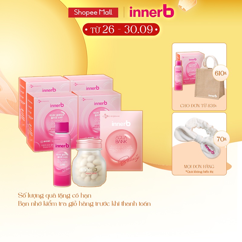 Combo giữ ẩm, sáng da InnerBAquaBank lọ 56viên&nước uống Collagen(4hộpx6chai)