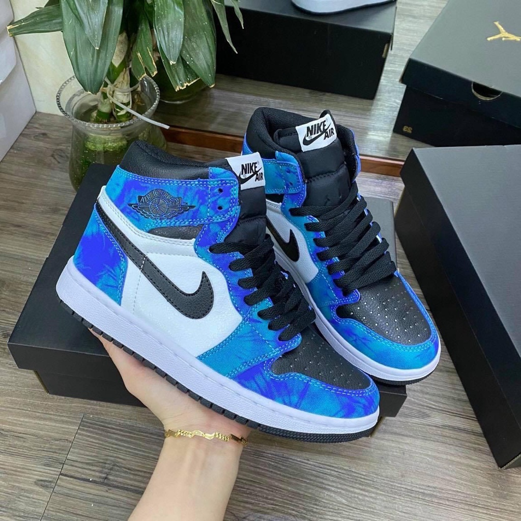 Giày thể thao Jordan xanh loang nước biển cổ cao, Giày JD1 high tie dye cao cổ nam nữ siêu hot Full Box Bily -Top1