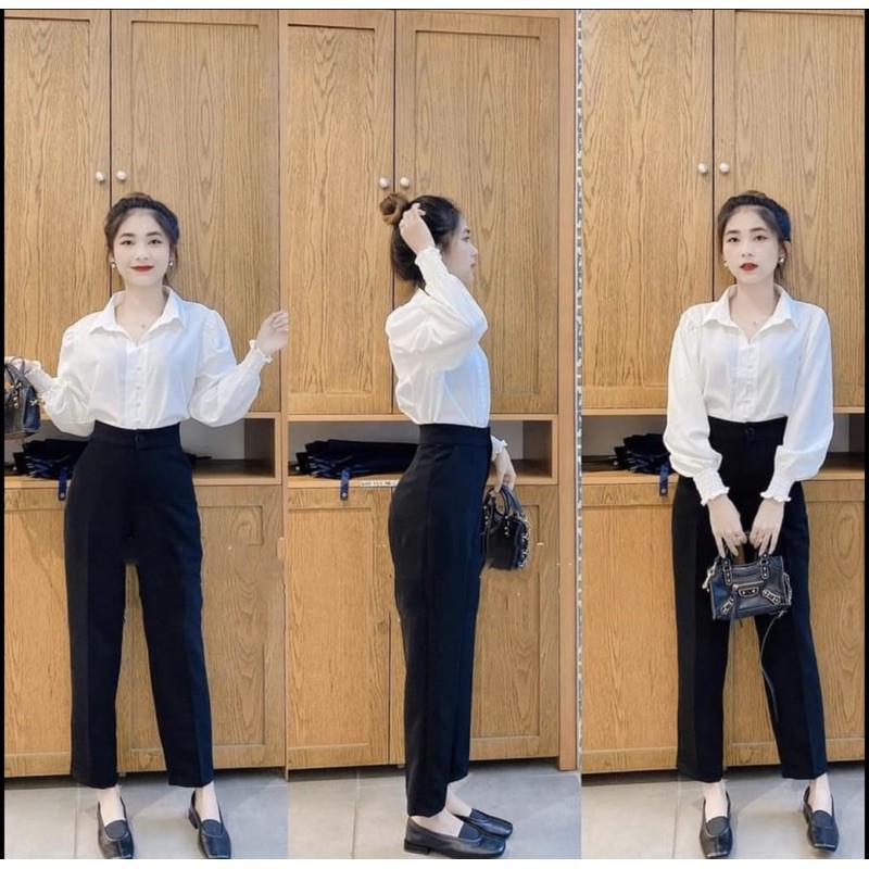 Áo Sơ Mi Tay Bo Chun Form Thụng Dáng Dấu Quần