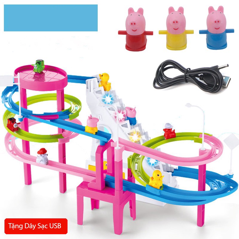 [Hàng sẵn] Đồ chơi Heo Peppa Leo cầu thang 3 Heo có đèn và nhạc Pin Sạc - Happy Birds, Train Play.Đồ Chơi Vui Nhộn