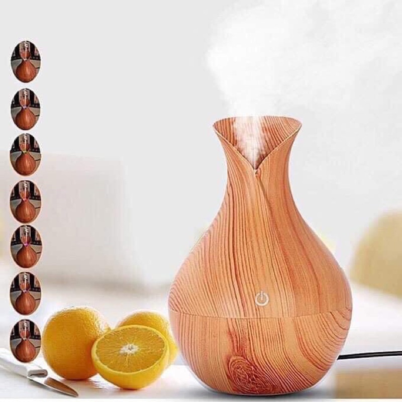 Máy xông tinh dầu Hình Lọ Hoa Vân Gỗ- Khuyếch Tán Sương Nhỏ Kết hợp Đèn LED 7 Màu Tinh Tế-Sang Trọng