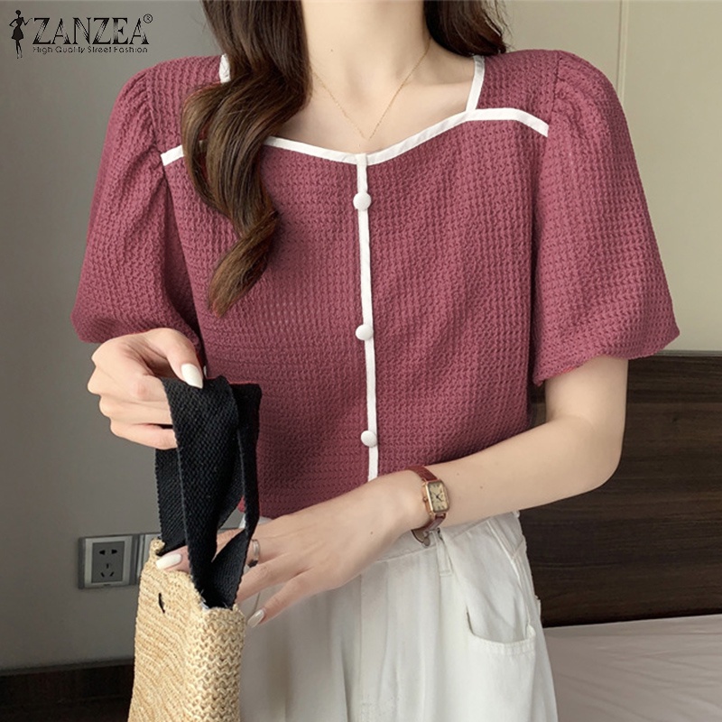 Áo kiểu ZANZEA ngắn tay cổ vuông phối nút thời trang Hàn Quốc cho nữ