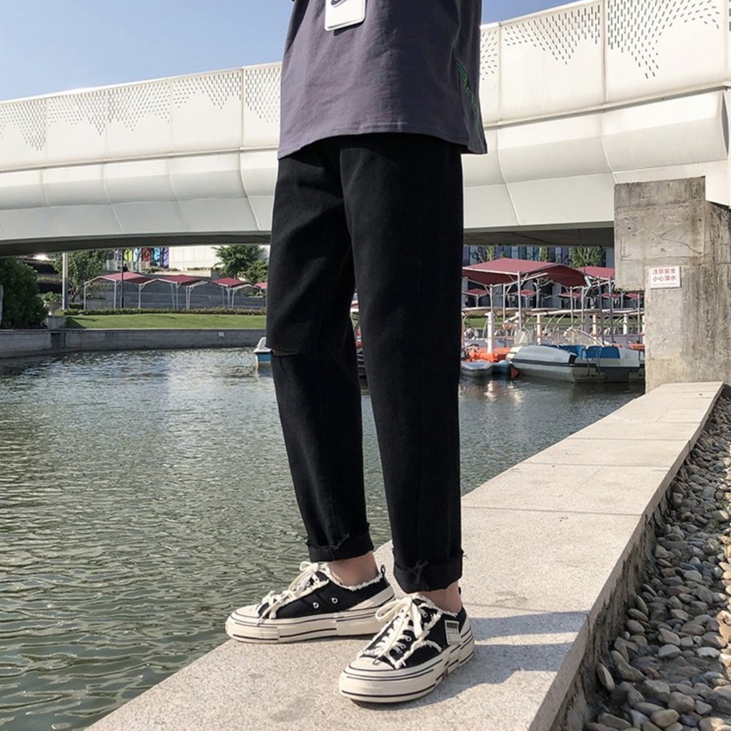 [Tiền Nào Của Đấy]Quần Jean Baggy Nam Rách Gối Ống Rộng Đen Trơn Không Phai Màu Vải Co Giãn-B05