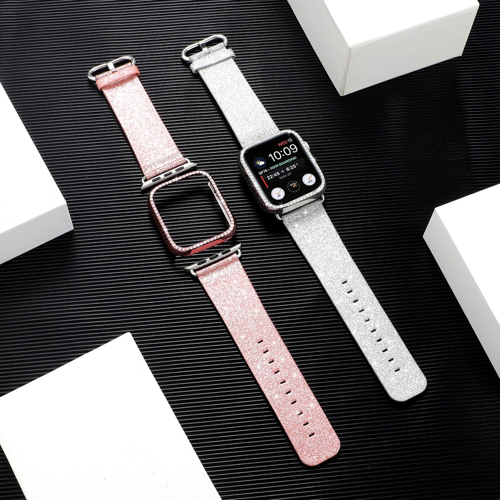 Dây Đeo Bằng Da Đính Đá Lấp Lánh Cho Đồng Hồ Thông Minh Apple Watch Series 6 / Se / 5 / 4 / 3 / 2 / 1 Iwatch 38mm 40mm 42mm 44mm