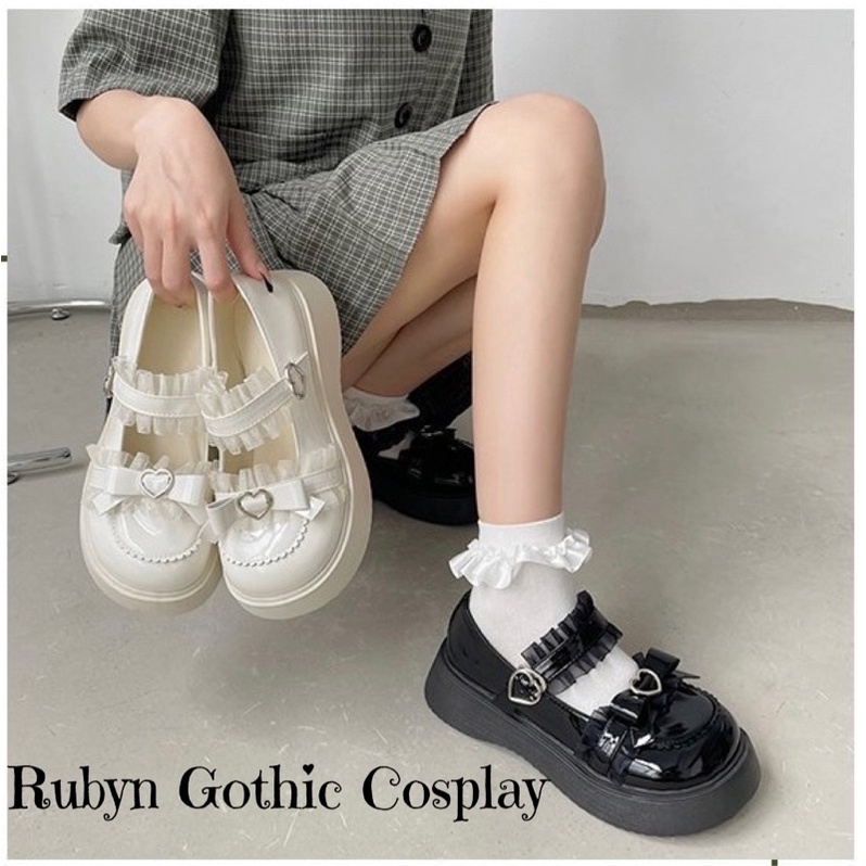 Giày Búp Bê Lolita Đính Ren Quai Ngang Khoá Gài Hình Tim  8301