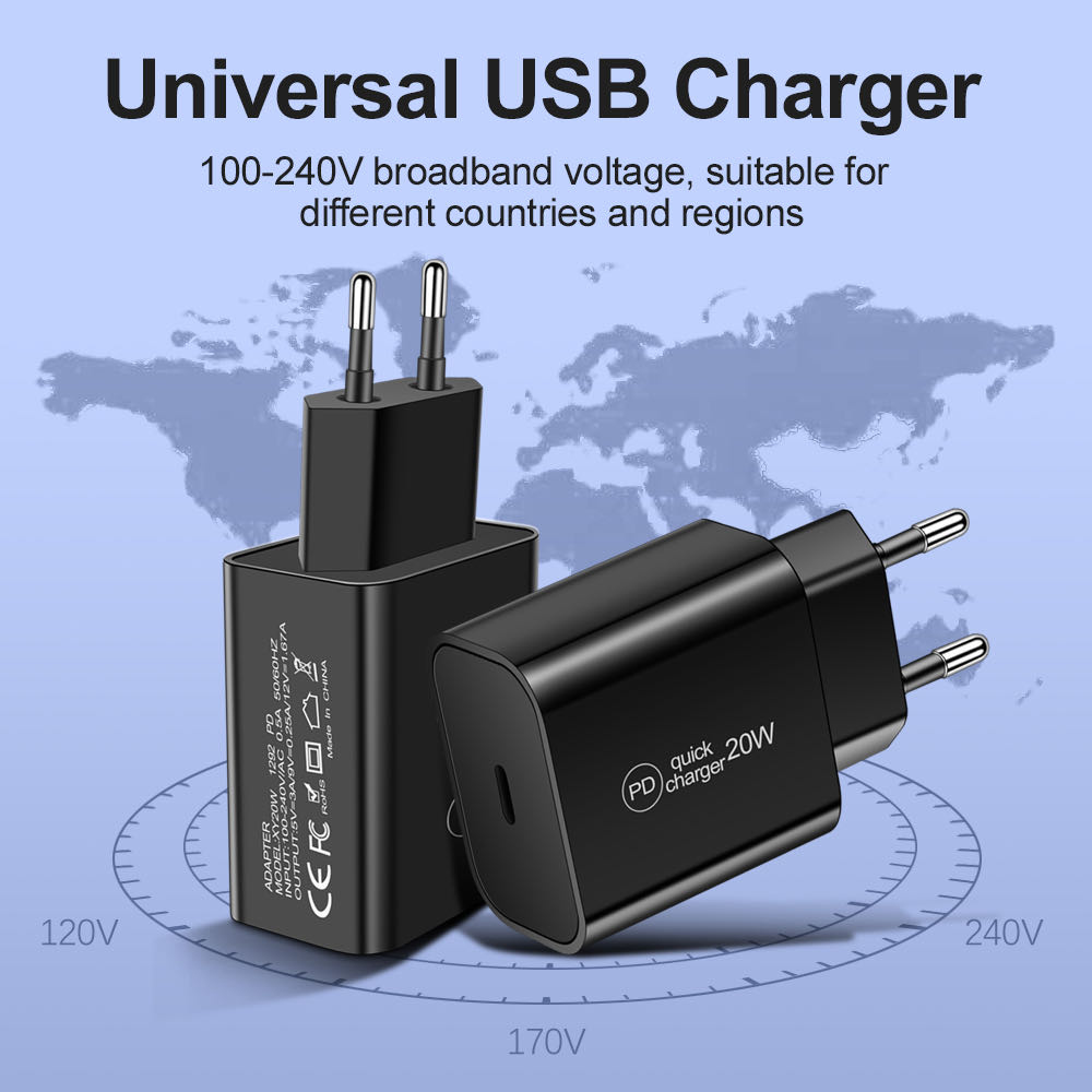 LETTER Universal USB C Cable Dock Travel Type C Quick Charger PD 20W Charger Accessories Portable US EU Plug Replacement Fast Charging Adapter/Multicolor