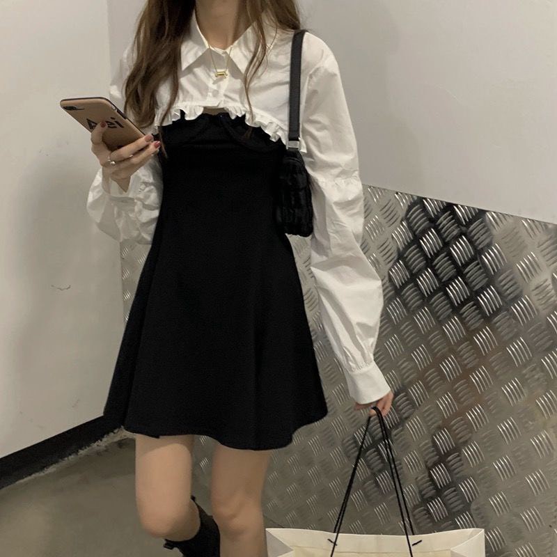 Set váy dây phối áo croptop sơ mi cool ngầu ulzzang