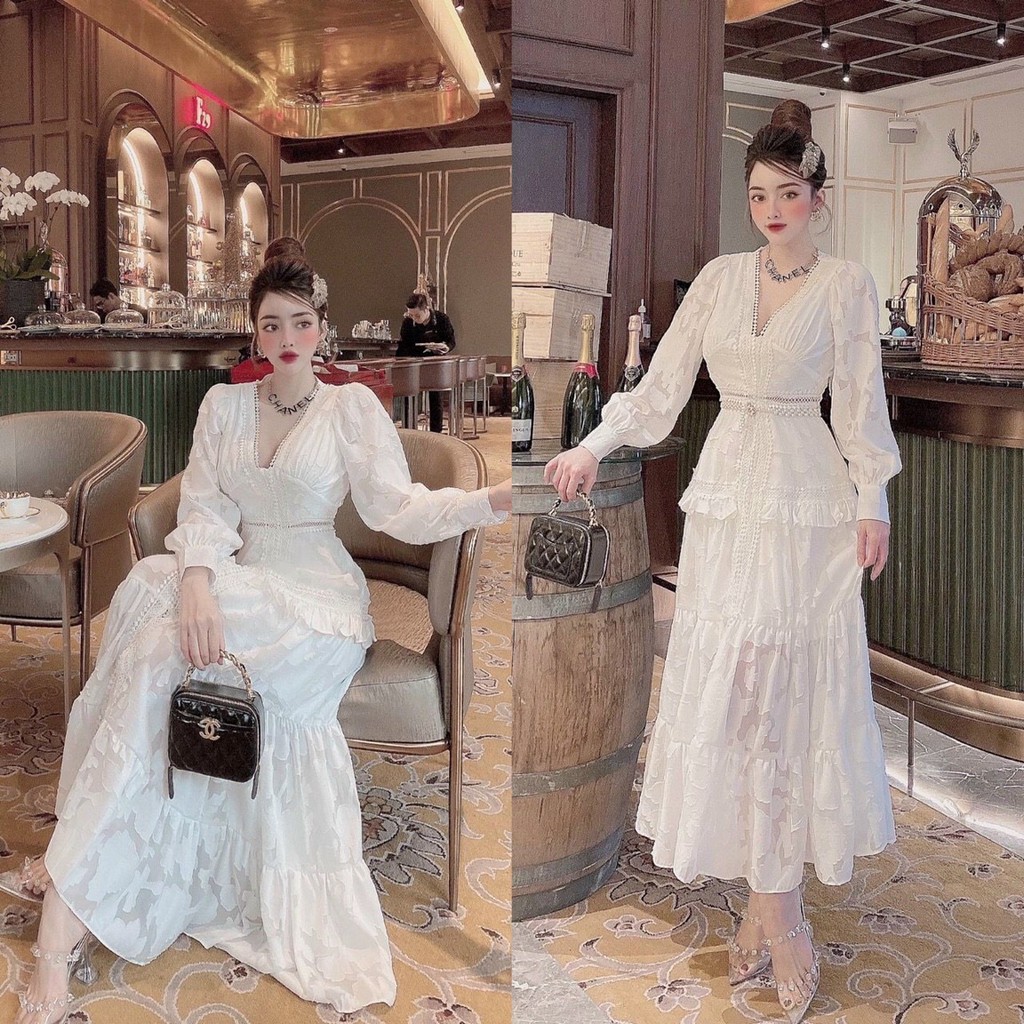 [RL09] ﻿Đầm Maxi Tay Dài Phồng Vai Cổ V Viền Ren Bo Eo Đuôi Xòe Tầng - Vải Ren - 1 Màu Trắng - Dành Cho Nàng Đi Tiệc | BigBuy360 - bigbuy360.vn