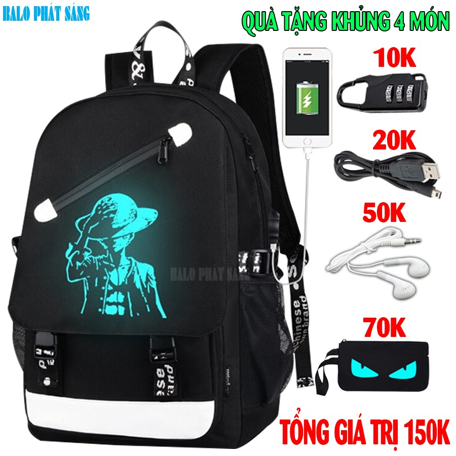 Balo nam nữ thời trang đi học đi chơi Luffy phát sáng TẶNG (Cáp USB+Khóa số+Tainghe+Ví) - Cặp đi học HOT nhất 2021