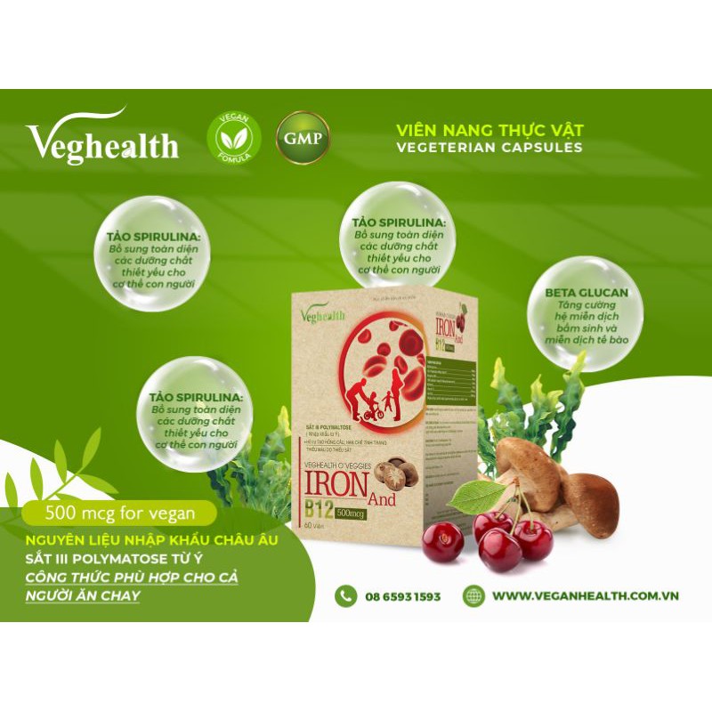 Viên Nang Thực Vật B12 Và Sắt hữu cơ VeganHealth, phù hợp cho cả người ăn chay