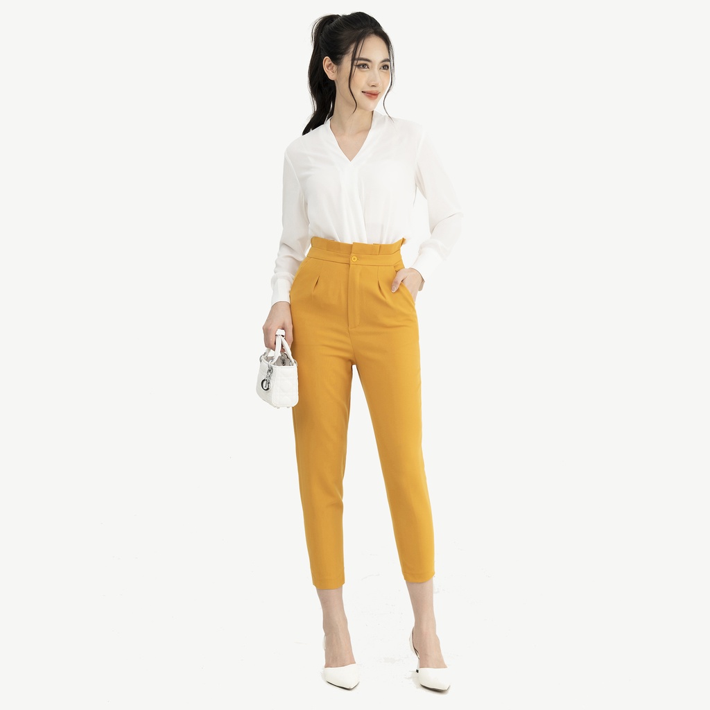 Quần Tây Nữ Lưng Cao Baggy Công Sở Phối Eo Xếp Ly Hecci Màu Vàng Q06