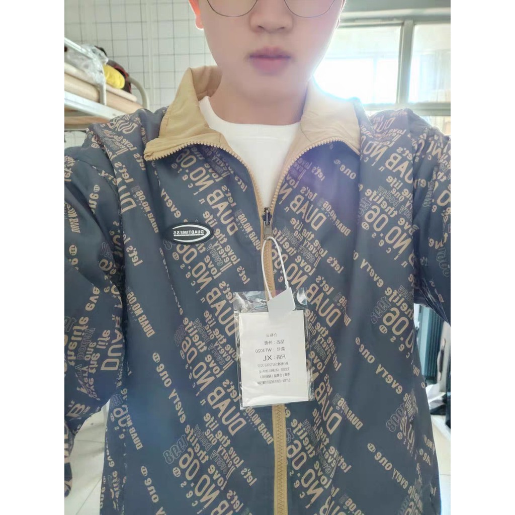 Áo khoác cổ đứng dáng rộng in họa tiết mặc được hai mặt phong cách đại học kiểu Hàn hợp thời trang dành cho nam
