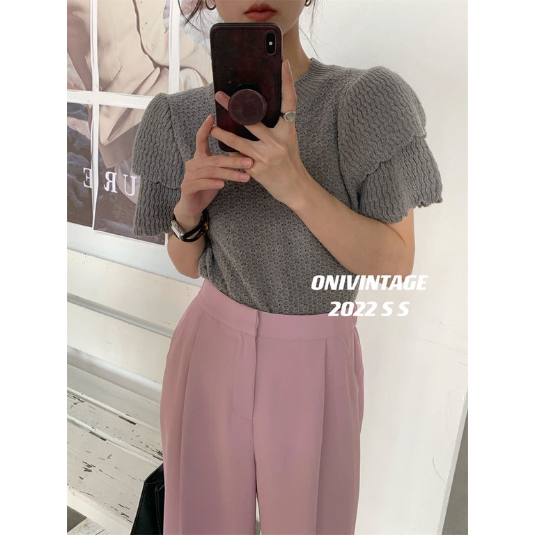 Áo Dệt Kim Mỏng Cổ Tròn Tay Phồng Phong Cách Hàn Quốc Mới