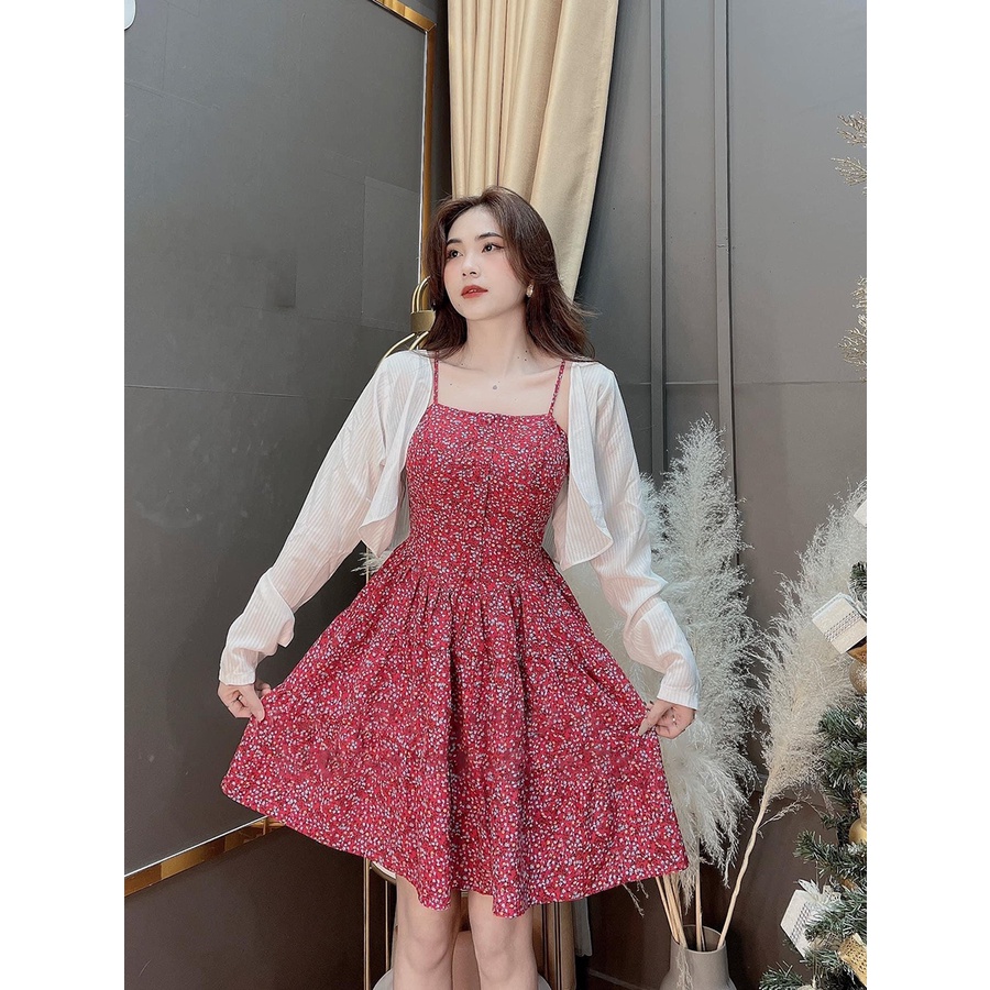 Đầm váy hai dây hoa nhí,váy hoa nhí dễ thương kèm áo khoác len mỏng xinh xinh QD DT040 | BigBuy360 - bigbuy360.vn