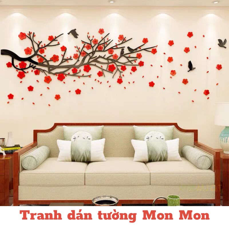 Tranh dán tường Mon Mon - Decal mica 3D hình cành đào Tết màu đỏ