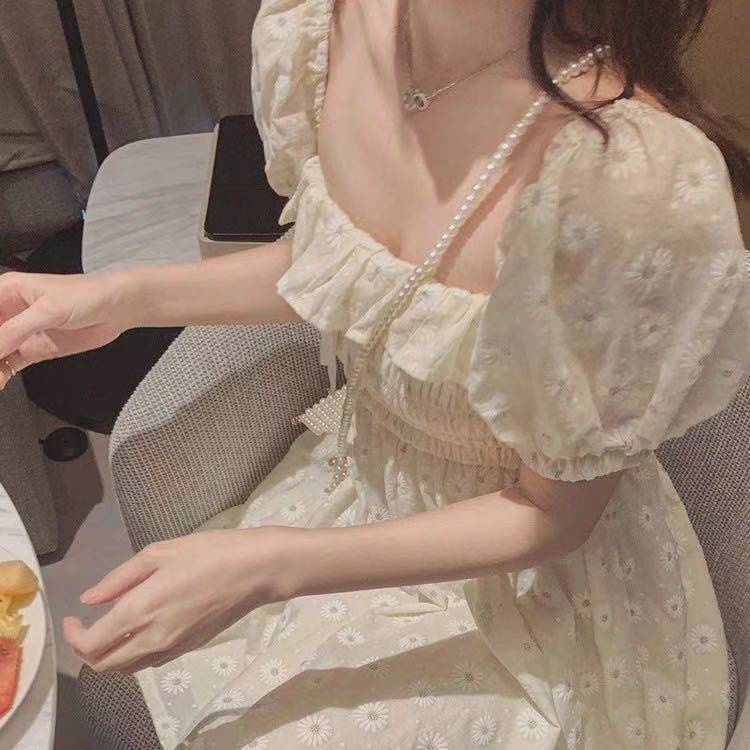 Đầm Tay Phồng Ngắn Cổ Vuông Eo Cao Ngọt Ngào Thời Trang Mùa Hè Mới Cho Nữ