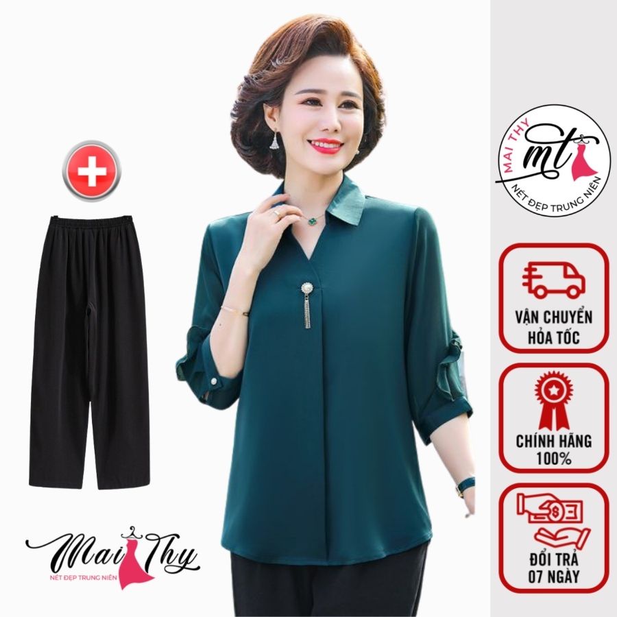 Bộ Quần Áo Trung Niên CB449, Mẫu Áo Sơ Mi Trung Niên Phối Quần Thun Ống Suông Sang Trọng | Thời Trang Trung Niên Mai Thy