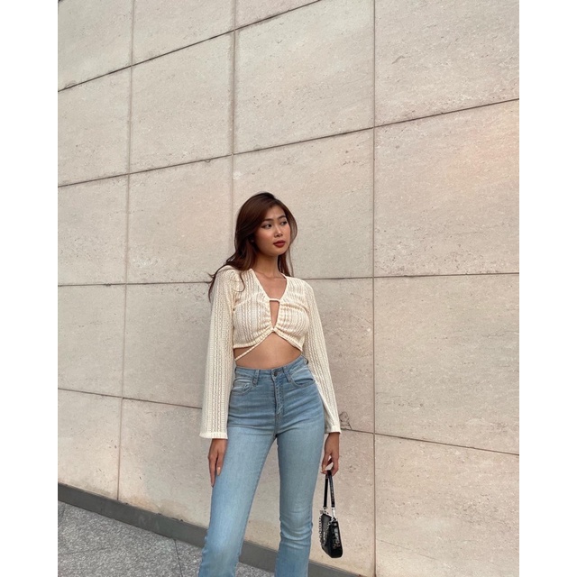 Áo len croptop nữ kiểu dài tay rút dây REVERCLOTHINGS thời trang Crochet Top