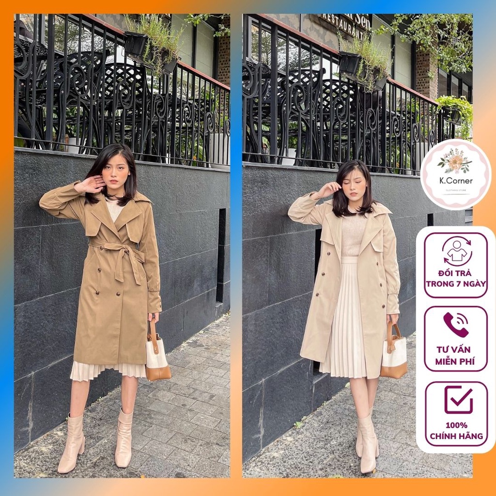 Áo khoác nữ kaki măng tô dài đẹp kèm đai trẻ trung phong cách Hàn Quốc Thời trang thiết kế Kcorner AMT51