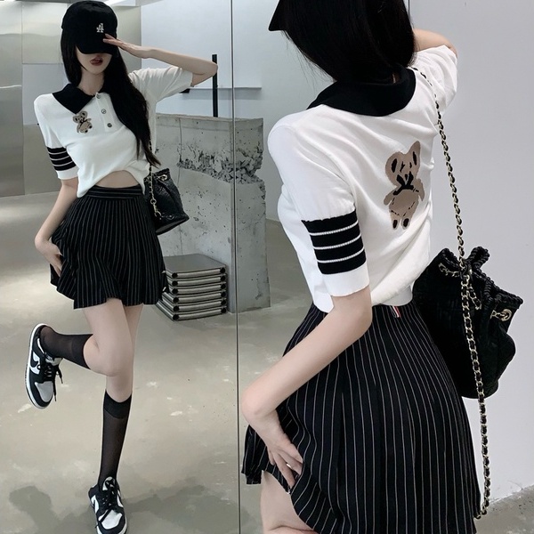 【Hana and Alice】Áo Thun POLO Dệt Kim Tay Ngắn Thêu Hình Gấu Dễ Thương
