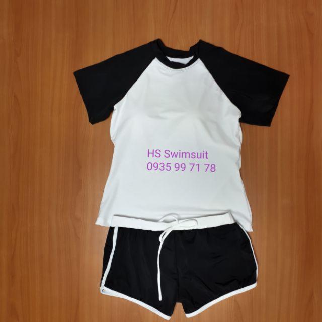 Đồ bơi kín đáo hai mảnh quần ngắn tay trắng 055