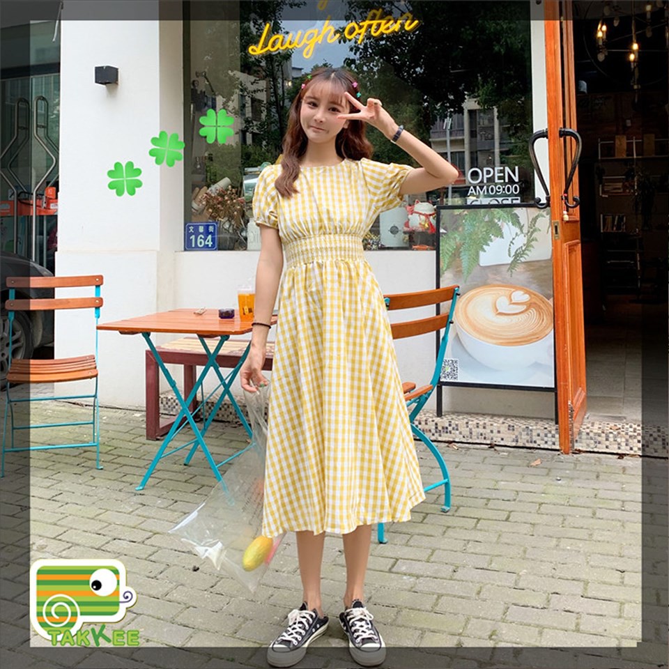 V210-VÁY ĐẦM NỮ KẺ CARO CHUN EO CHO CÔ NÀNG BÁNH BÈO