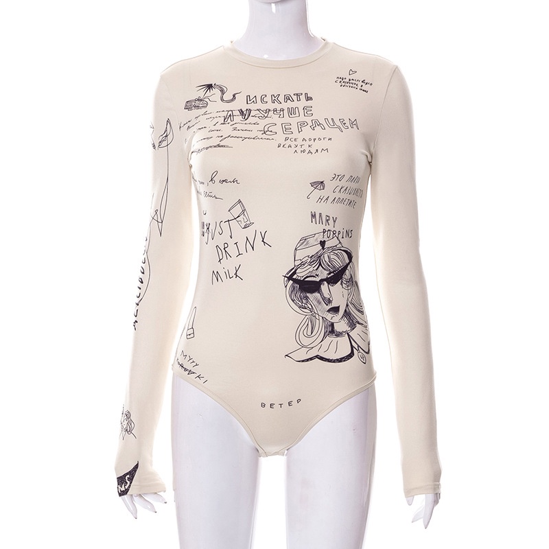 Bộ Áo Liền Quần Tay Dài Cổ Tròn Dáng Ôm In Họa Tiết Nghệ Thuật Thời Trang Cho Nữ