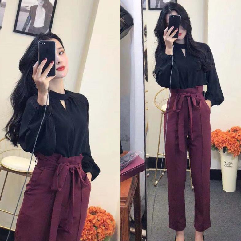 Set sơ mi hở chữ V quần dài nơ