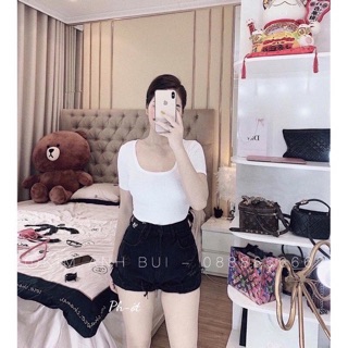 Quần short bò rách cạp cao