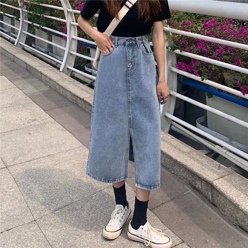 Chân váy jean SUXI dáng chữ A lưng cao màu trơn thời trang cổ điển cho nữ