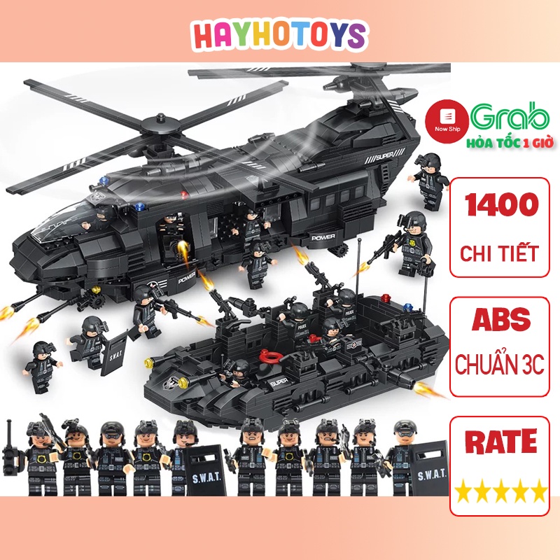 Bộ đồ chơi lắp ráp lego máy bay trực trực thăng vận tải 1400CT, lắp ghép lego tàu chiến cảnh sát biển