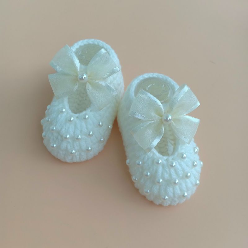 Giày len đính ngọc có gắn nơ cho bé gái có dán đế và không dán Đế cho bé gái từ 0-18 tháng