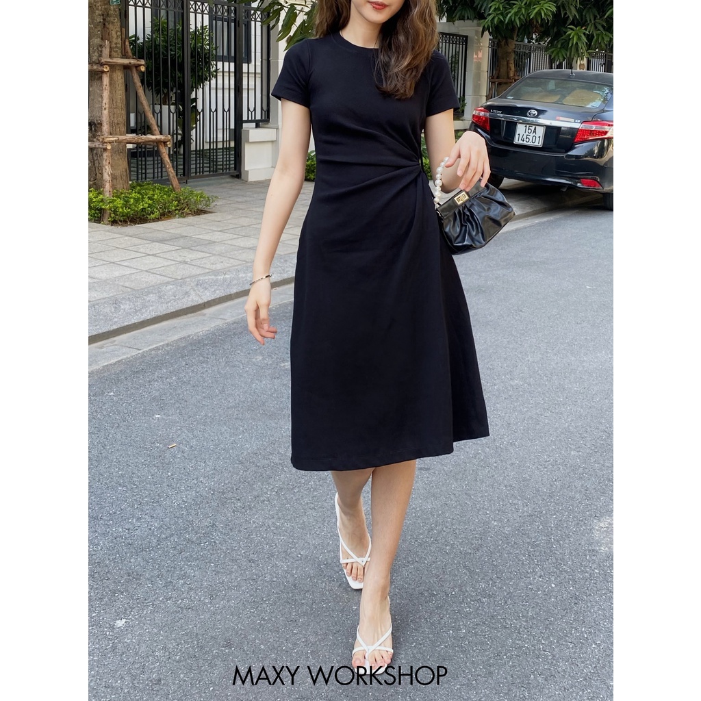 Đầm thun có tay thắt rút dây bên eo lạ mắt form xòe drawstring dress Maxy Workshop