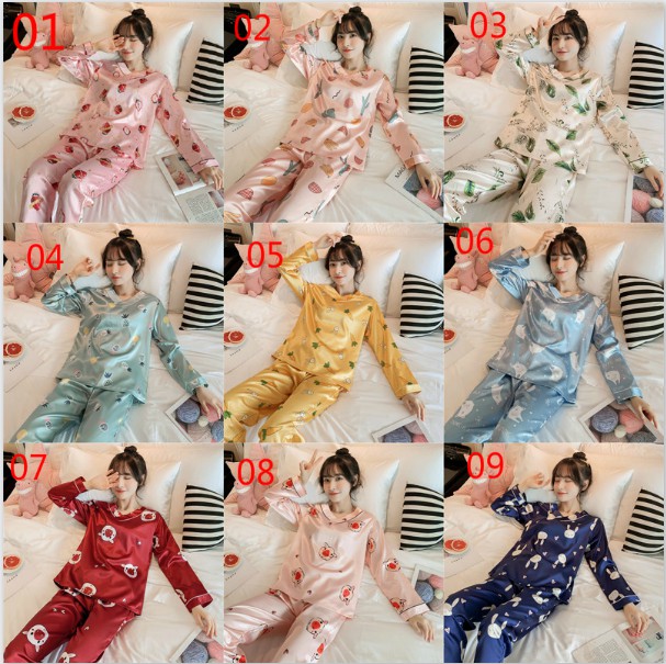 Set Pajamas Áo Dài Tay Cổ Chữ V + Quần Dài In Họa Tiết Đáng Yêu Cho Nữ