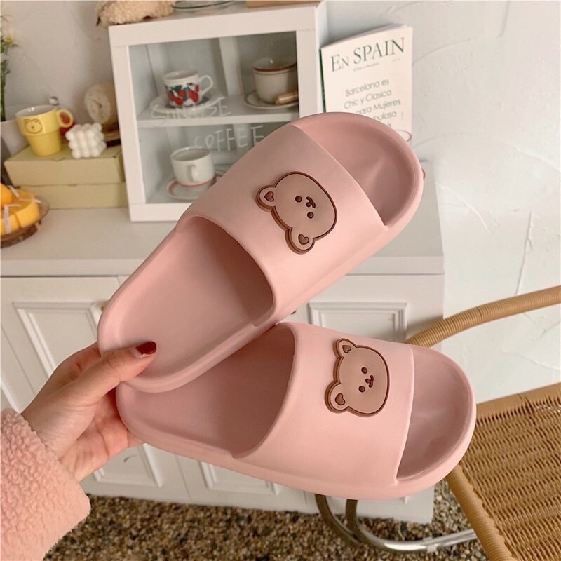 Dép bánh mì, quai ngang hình gấu dễ thương, 3 màu hồng, đen, kem, [Lù Store]  size từ 36-40 BM01