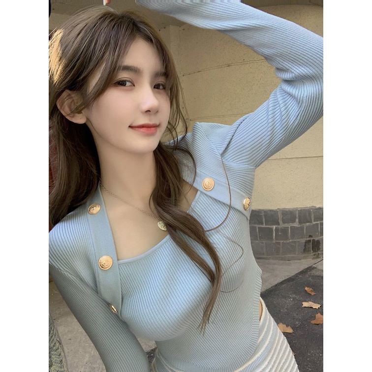 Áo sweater dệt kim mỏng cổ vuông thời trang mùa xuân cho nữ