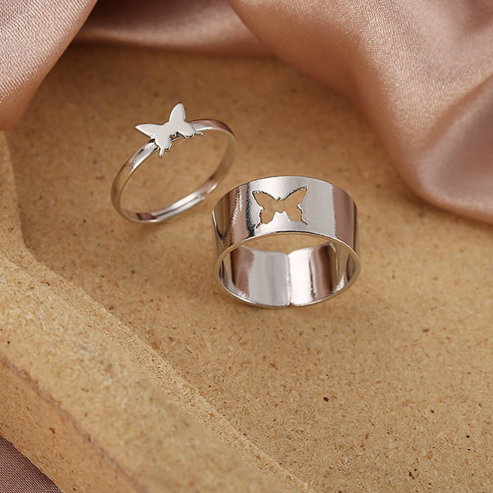 Set 2 nhẫn kim loại mạ vàng bạc hình bướm màu sắc đơn giản cho cặp đôi